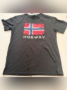 Rock Expedition Norway Flag Graphic T-Shirt Unisex Large Black Distressed